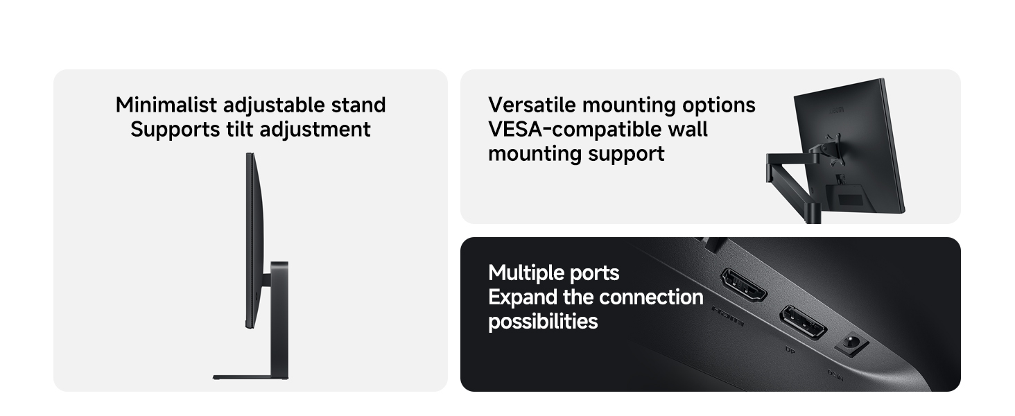 Text reads 'Minimalist adjustable stand Supports tall adjustment', 'Versatile mounting options VESA-compatible tall mounting support', 'Multiple ports Enable file connection sharing'. Product features shown with mounting bracket and connection ports displayed.