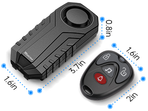 Text reads 'Arm Button', 'Disarm Button', 'Ringtone Button', 'Bell Button/Locate Function'. Black key fob remote control with labeled buttons and metal attachment clip.