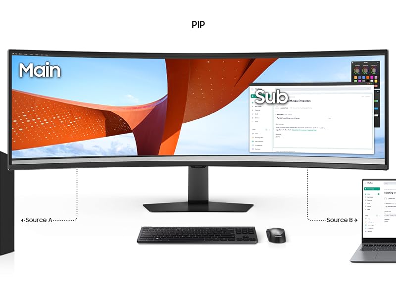 Text reads 'Main Skip'. Ultra-wide curved monitor display setup with desktop computer and laptop showing productivity software interface.
