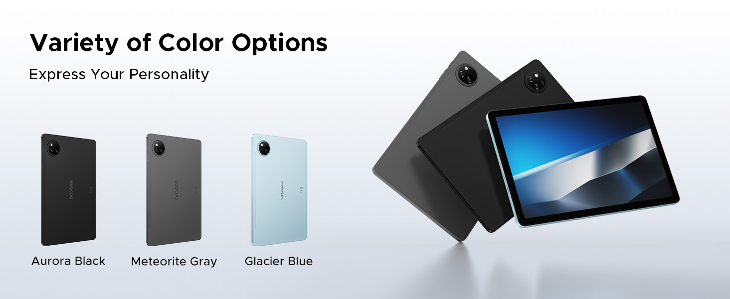 Text reads 'Variety of Color Options' and 'Express Your Personality.' Five laptop/tablet devices displayed showing different color variants: Jet Black, Hematite Gray, Glacier Blue, and additional dark options.