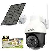 Text reads 'QOSU', '3K'. Black spherical security camera with solar panel mount shown from multiple angles, featuring LED display.
