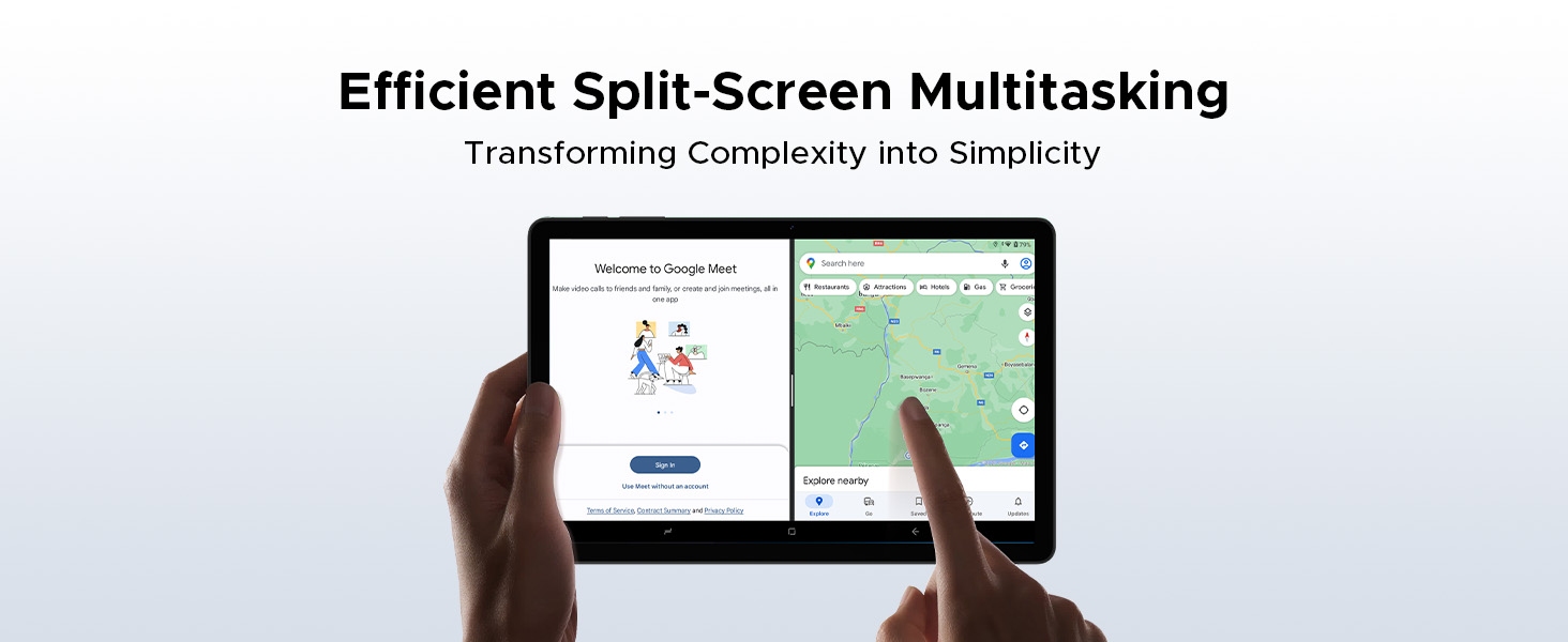 Text reads 'Efficient Split-Screen Multitasking' and 'Transforming Complexity into Simplicity'. Hands holding tablet displaying split-screen interface with multiple applications running simultaneously.