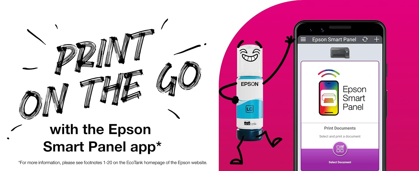 Text reads 'PRINT ON THE GO with the Epson Smart Panel app'. Identical mobile app interface image as Image 1 on pink background.