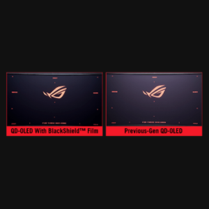 Text visible: 'ROG' logo. Gaming setup featuring curved monitor with purple lighting effects and ROG branding, positioned on desk with keyboard visible.