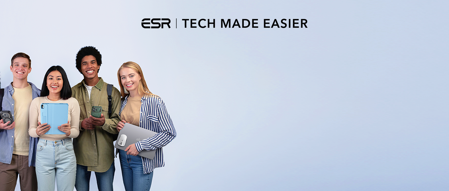 Text reads 'ESR | TECH MADE EASIER'. Identical image to Image 1 showing group of diverse people against light blue background.
