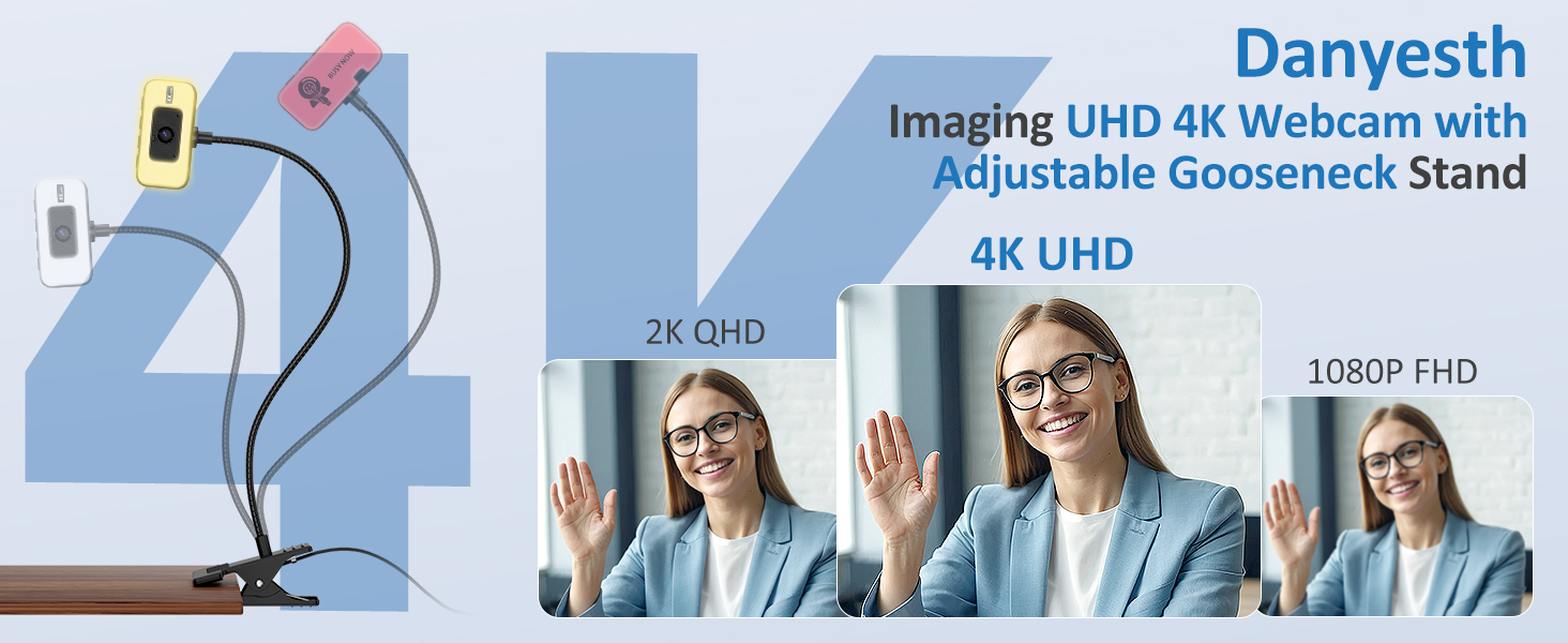 Text reads 'Danyesth', 'Imaging UHD 4K Webcam with Adjustable Gooseneck Stand', '4K UHD', '1080P FHD'. Professional webcam with flexible stand displayed with two people wearing glasses using it for video conferencing.