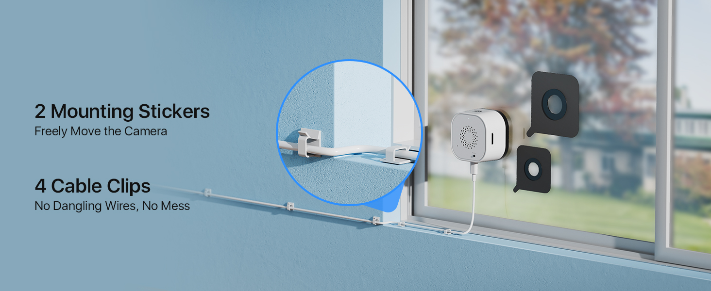 Text reads '2 Mounting Stickers' and 'Easily Adhere the Camera' and '4 Cable Clips' and 'No Damaging Wires, No Mess'. Image shows blue mounting sticker, white round mount, black wall clip, and measuring tape demonstrating cable management installation.