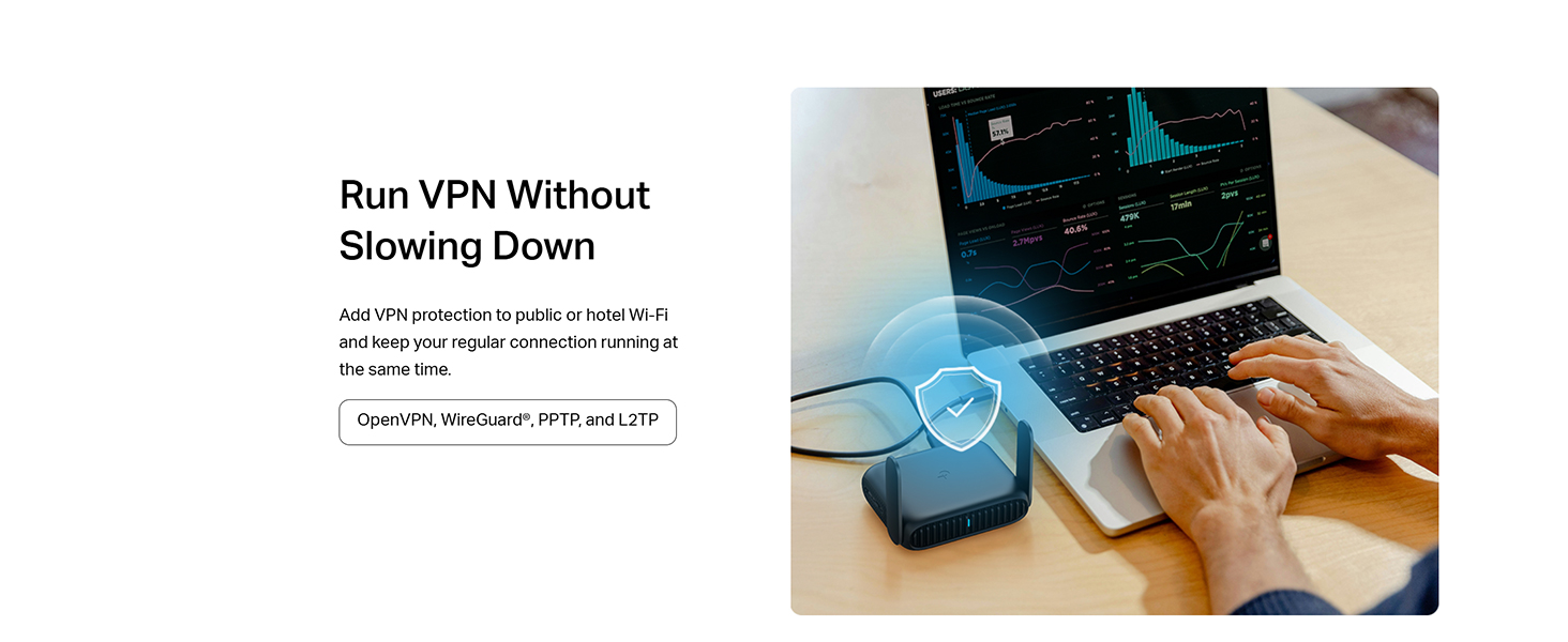 Text reads 'Run VPN Without Slowing Down'. Split image showing text on left and person on right using blue VPN device with laptop and smartphone on desk.