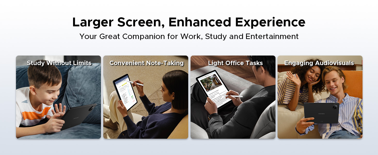 Text reads 'Larger Screen, Enhanced Experience' and 'Your Great Companion for Work, Study and Entertainment.' Four usage scenario photos showing mobile device in business, casual, work, and leisure settings.