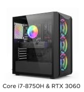 Text reads 'Core i7-8750H & RTX 2060S'. Black gaming desktop computer case with tempered glass side panel and RGB mesh front panel lighting system.