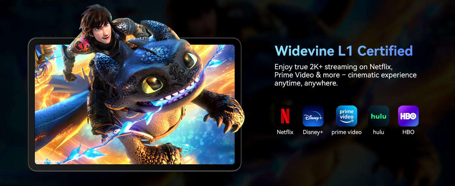 Text shows 'Widevine L1 Certified' with multiple streaming platform logos including Netflix, Prime, Disney+, HBO Max, and Hulu displayed on dark background.