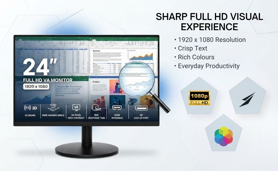 Text reads 'SHARP FULL HD VISUAL EXPERIENCE' with specifications '1920 x 1080 Resolution', '16.7M Colours', 'Everyday Productivity'. 24-inch monitor displaying various applications with color wheel and icon graphics.