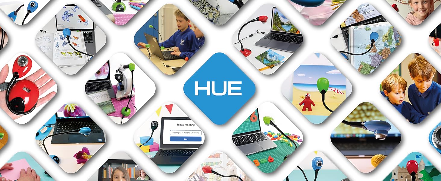 Collage of diamond-shaped tiles featuring various lifestyle and activity images, arranged in a grid pattern with a blue 'HUE' logo in the center.