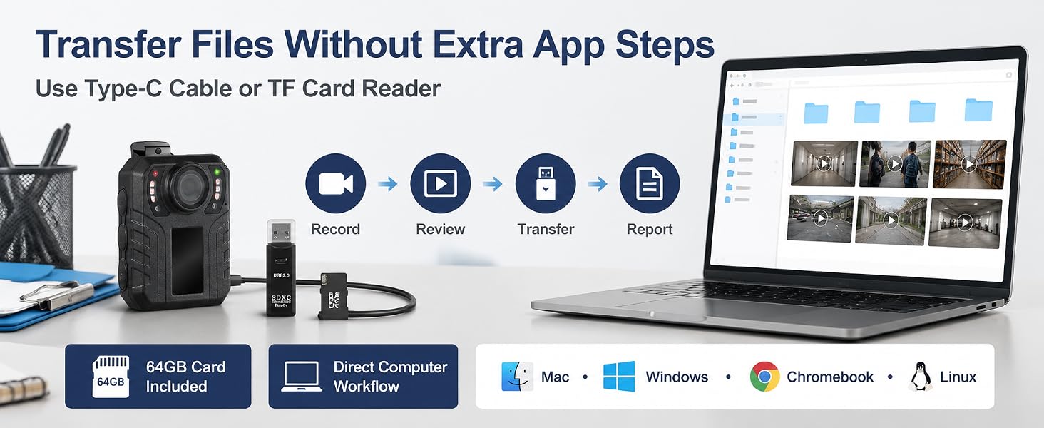 Text reads 'Transfer Files Without Extra App Steps' and 'Use Type-C Cable or TF Card Reader.' Product display showing card reader device with multiple connectivity icons (USB, SD, Lightning, Reader, Import) and computer screen displaying photo gallery interface.