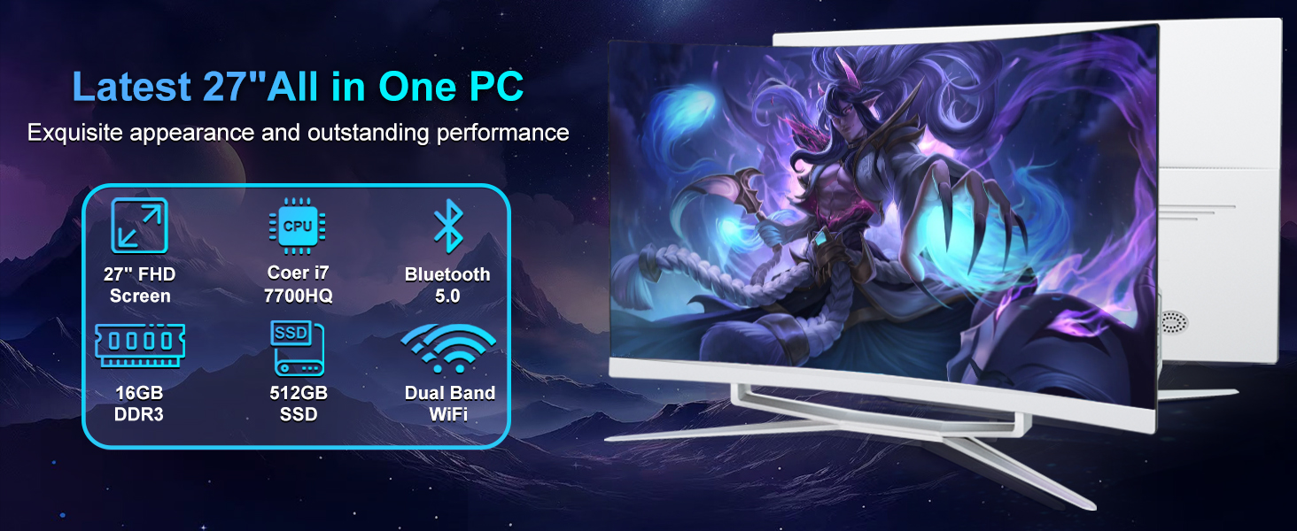 Text reads 'Latest 27' All in One PC'. Gaming or computer setup with blue LED lighting and sleek modern design.