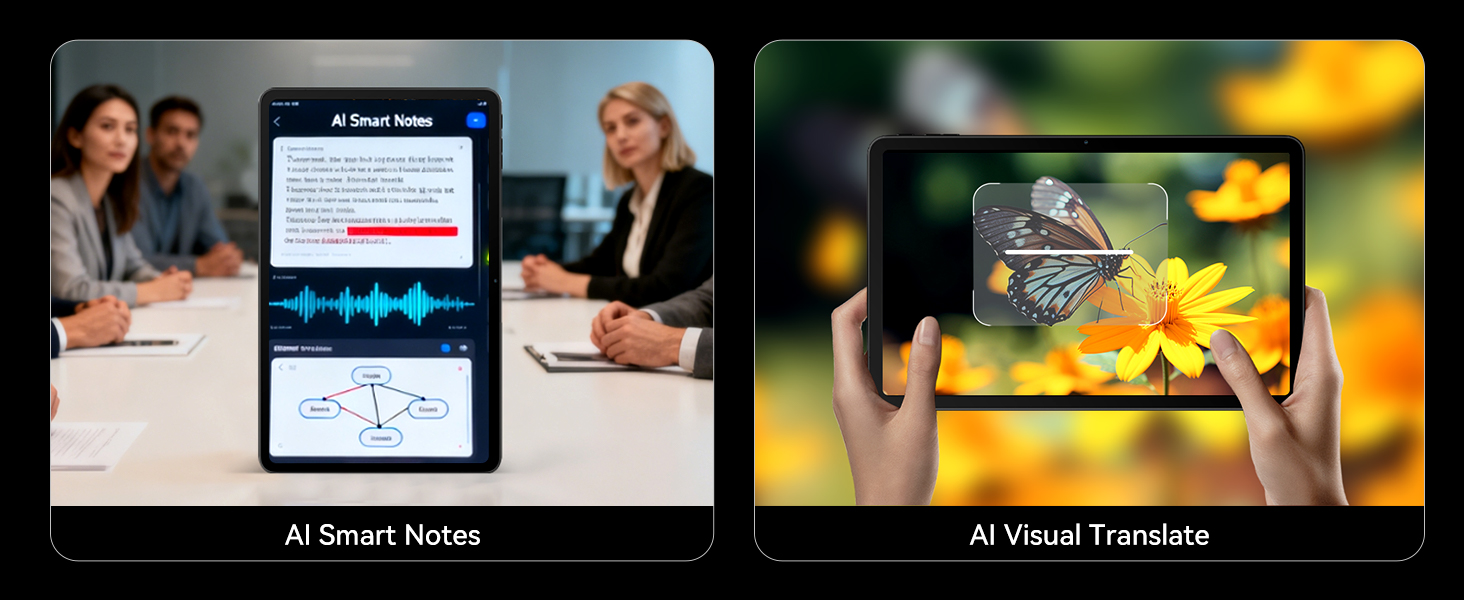 Series of digital interface or app screenshots showing various screen layouts and content against dark backgrounds with bright visual elements