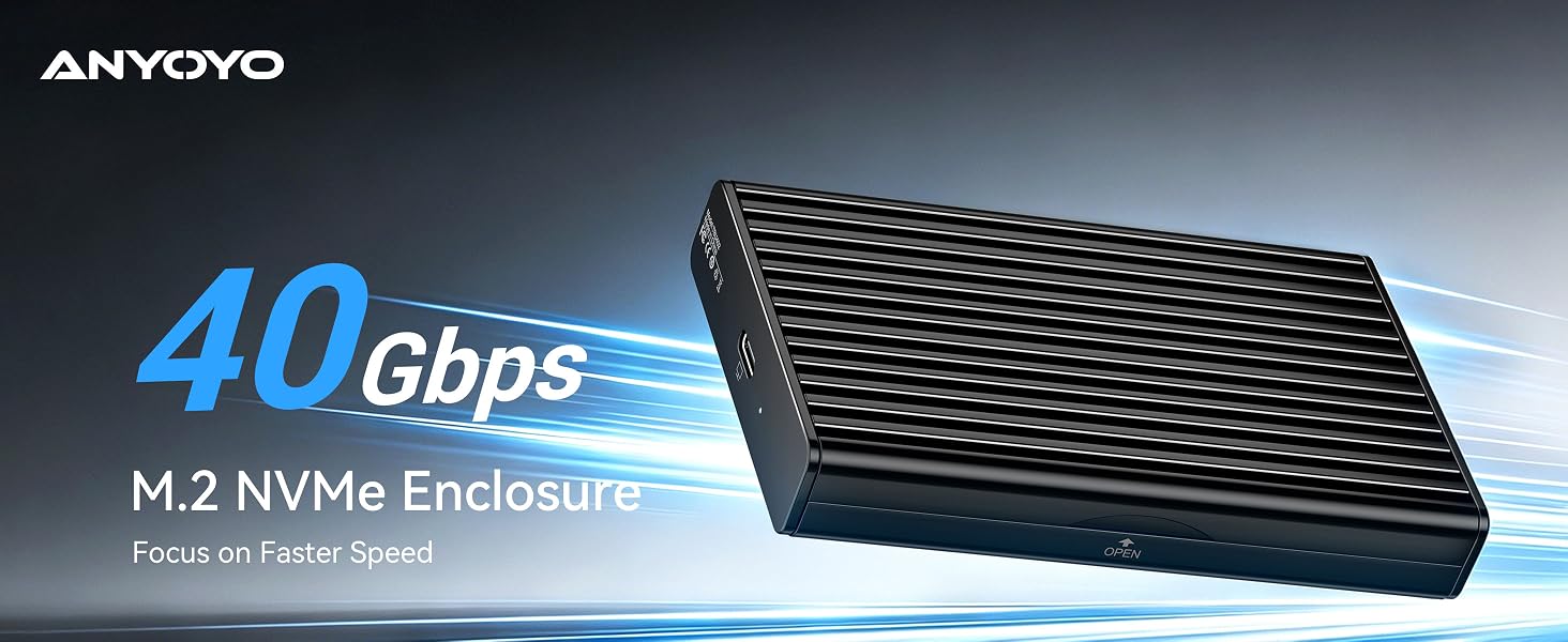 Text reads 'ANYOYO', '40 Gbps', and 'M.2 NVMe Enclosure'. Blue angled metal device with hexagonal ventilation pattern displayed against gradient background.