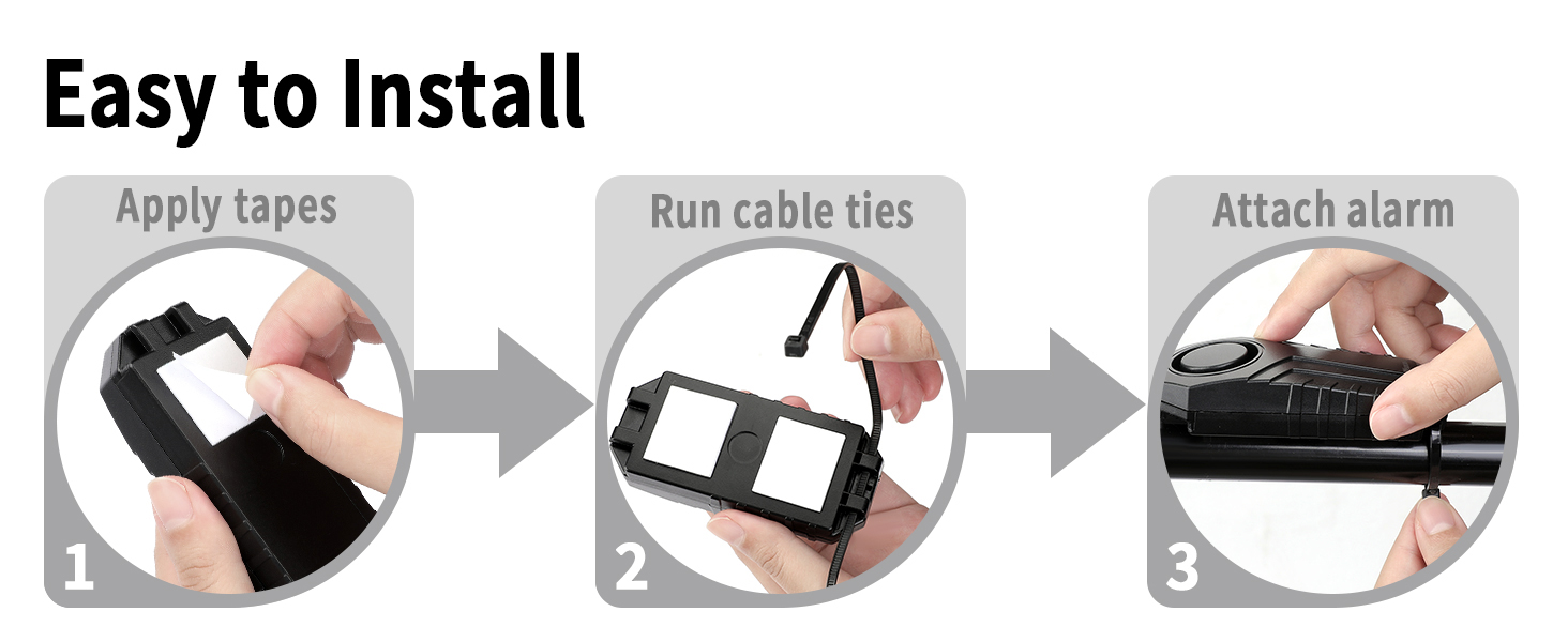 Text reads '3 Adjustable Volume Levels' with '96dB, 106dB, 113dB' indicators. Shows black security alarm device with blue circular graphic indicating sound wave levels.