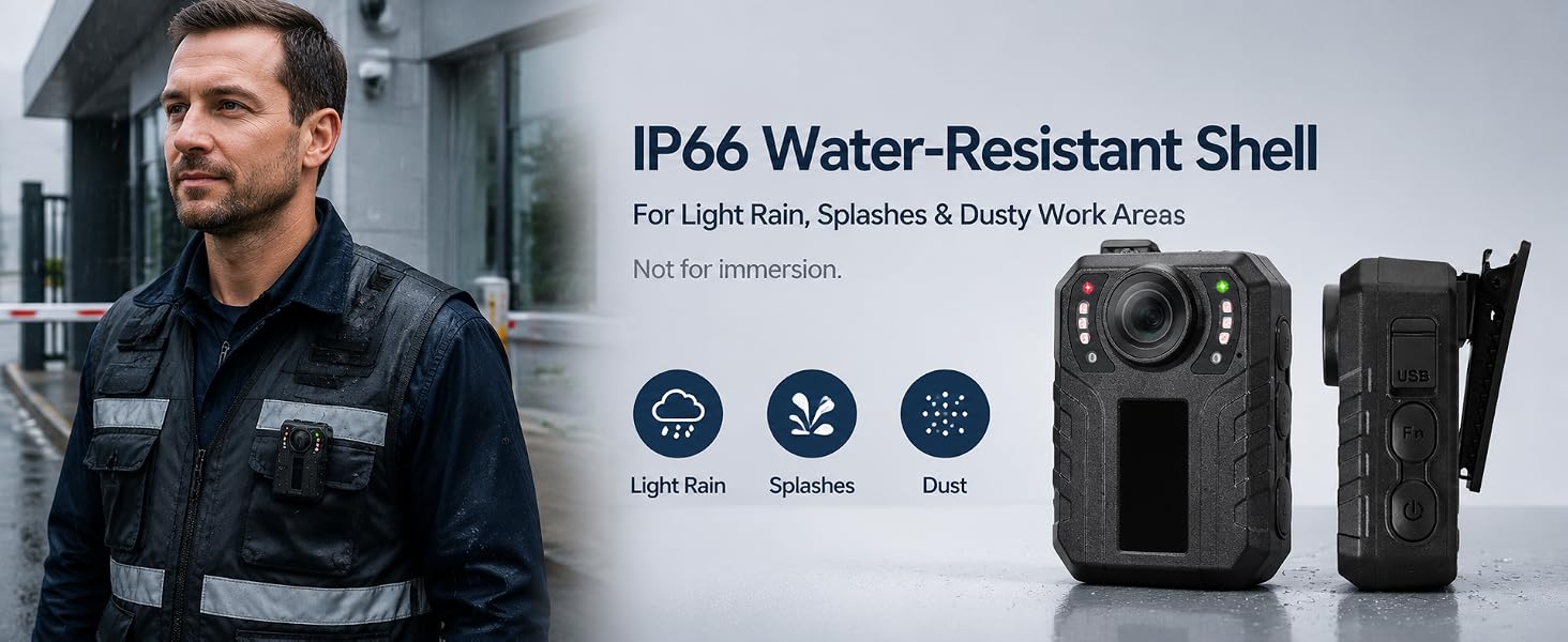 Text reads 'IP66 Water-Resistant Shell' with 'Premium lighting solutions & body mounts' and 'not for recreation'. Man wearing tactical vest displaying black water-resistant cases with three technical specification icons.