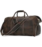 Dark brown leather duffle bag with dual handles and shoulder strap, displayed with matching brown leather baseball cap. Spacious cylindrical design with side pockets and zippered compartments for travel or weekend use.