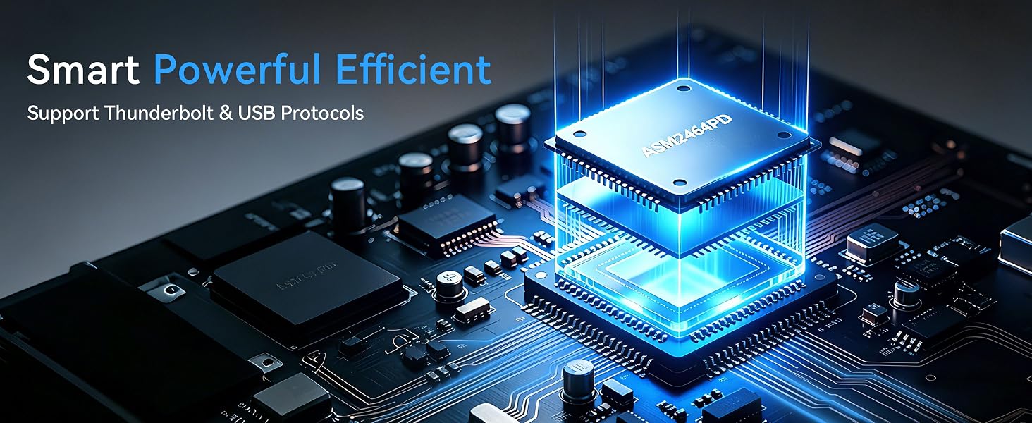 Text reads 'Smart Powerful Efficient' and 'Supports Thunderbolt & USB Protocols'. Digital illustration of blue illuminated microchip circuitry on black background representing advanced technology and processor performance.