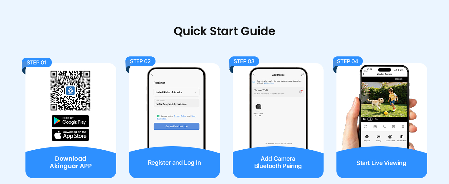 Text reads 'Quick Start Guide' with four blue-outlined instructional steps showing QR code, mobile app screens, smartphone interface, and app preview. Installation and setup guide for mobile application with visual step-by-step instructions.