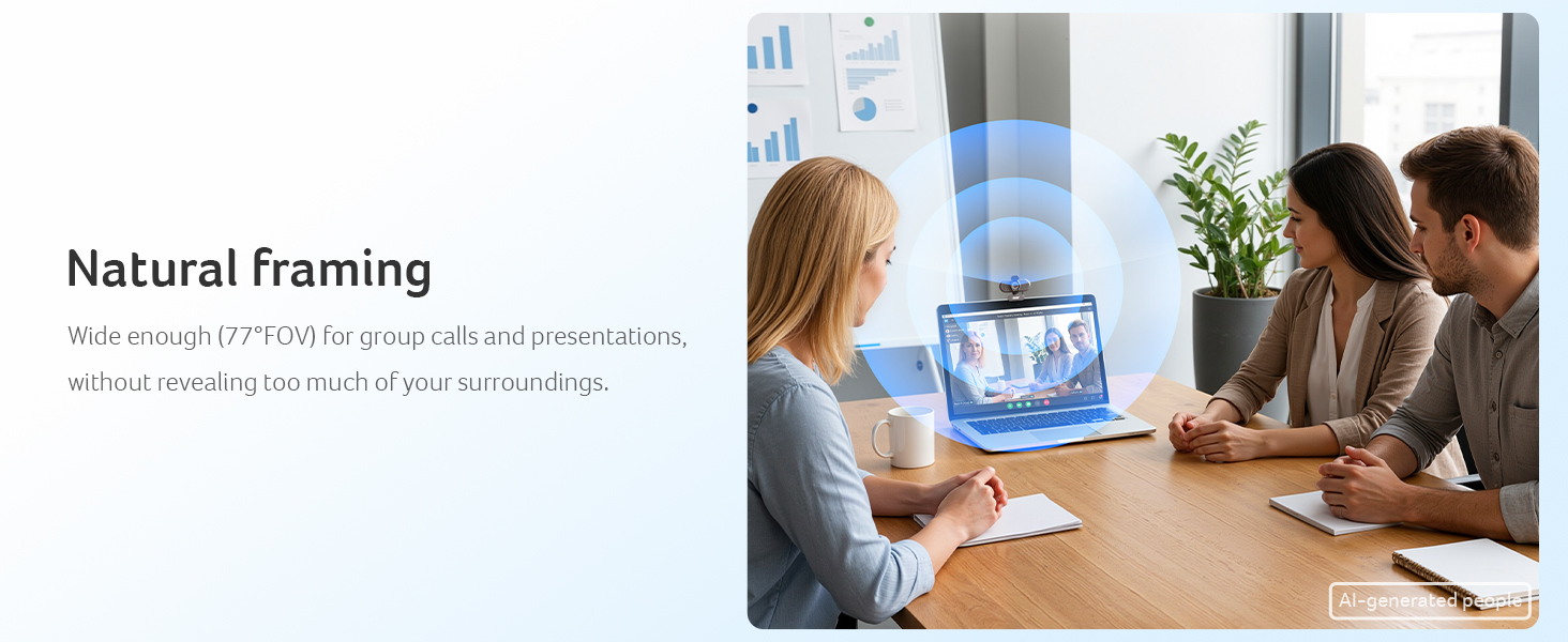 Text reads: 'Natural framing' with descriptive text below. Image shows woman in light blue top at wooden table with water cooler, two other people visible, natural office setting with plants.