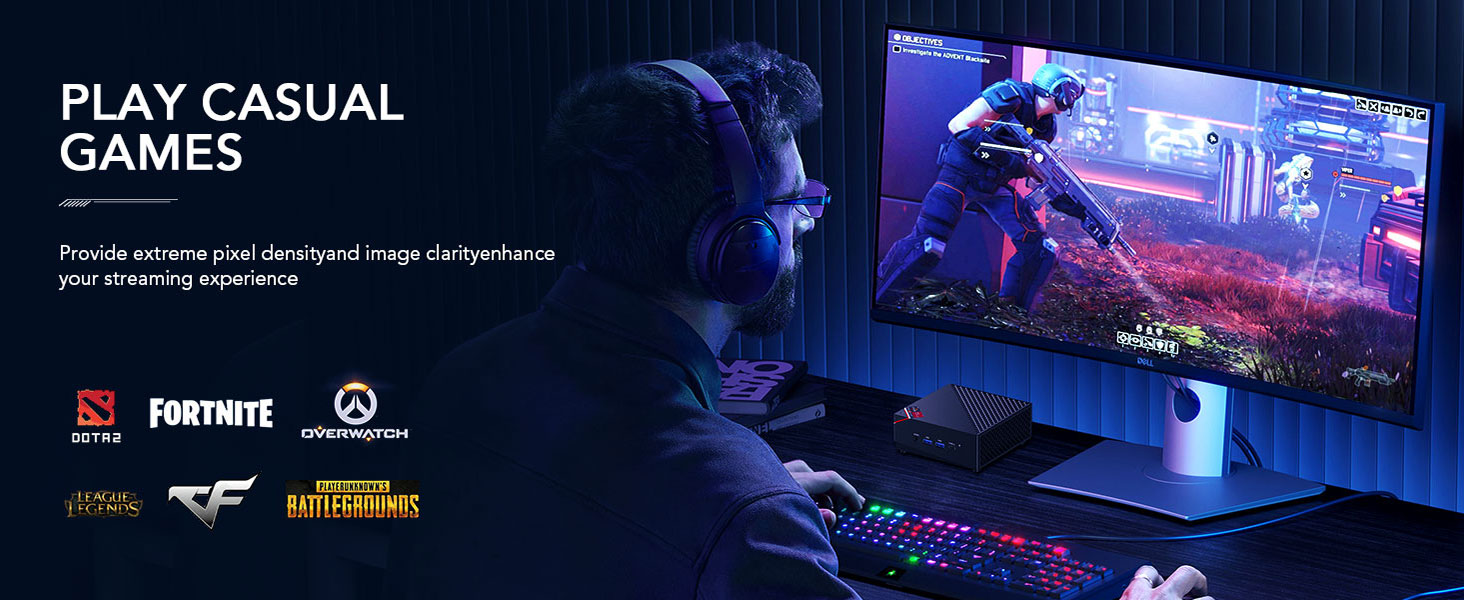 Gaming setup with large monitor displaying action game scene. Dark room with blue ambient lighting. Text mentions 'Play Casual Games' and popular game titles.