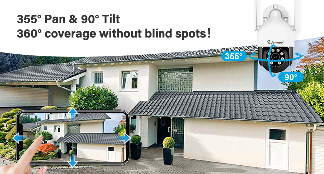 Text reads '355° Pan & 90° Tilt' and '360° coverage without blind spots!' Multiple exterior views of residential buildings with traditional Asian architecture.