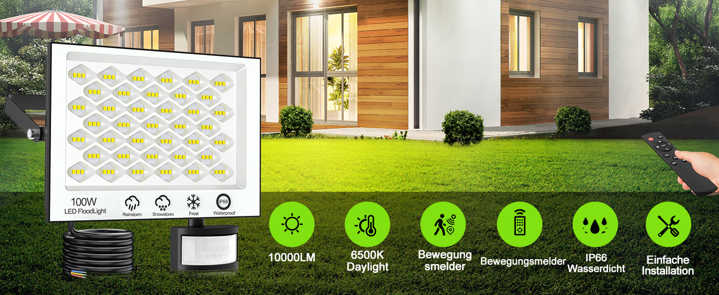 LED garden light display with multiple illuminated spots in a grid pattern. Image shows outdoor installation features and usage icons for power, sensing, and illumination modes.