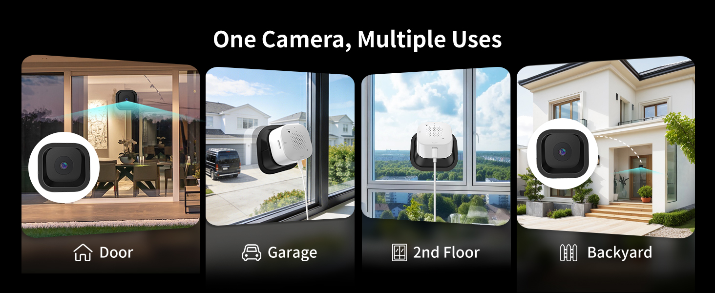 Text reads 'One Camera, Multiple Uses' with icons for 'Front', 'Backyard', 'Side Gate', 'Back Patio'. Smart home security camera product shown for various outdoor surveillance locations.