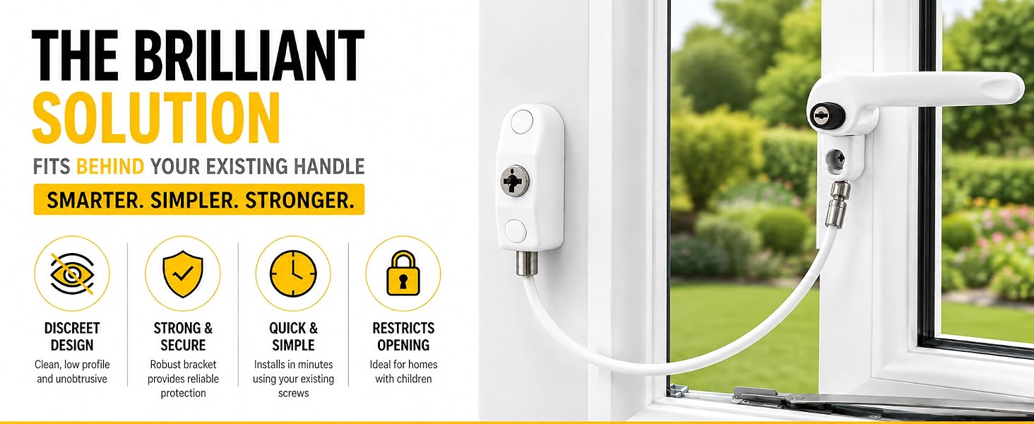 Text reads 'THE BRILLIANT SOLUTION' with yellow and black text, featuring product benefits listed. White window blinds with outdoor scenery background. Promotional product advertisement image.