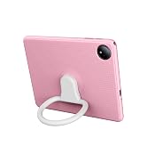 Blue tablet stand with yellow flexible ring holder attached. Device features rounded corners, rear camera, and landscape orientation support for hands-free viewing.