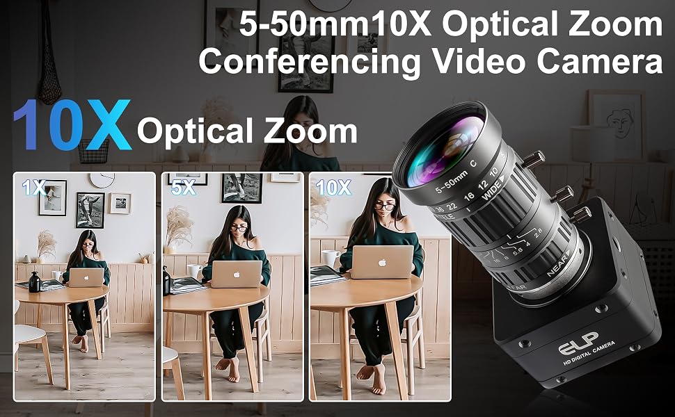 Text reads '5-50mm 10X Optical Zoom Conferencing Video Camera' and '10X Optical Zoom'. Black video camera with lens shown alongside three demonstration photos of people using device for conferencing.