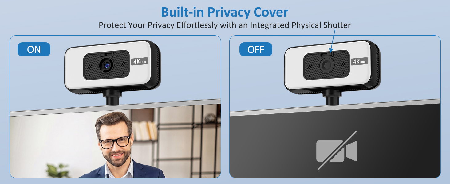 Text reads 'Built-in Privacy Cover' and 'Protect Your Privacy Effectively with an Integrated Privacy Shutter'. Webcam with privacy cover shown in two states: open with man visible on screen, closed with shutter blocking lens.