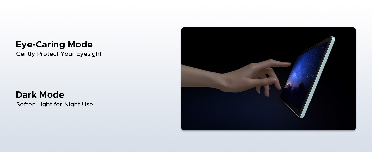 Text reads 'Eye-Caring Mode' and 'Dark Mode'. Left section shows eye-care function; right shows person's hand holding illuminated blue device demonstrating dark mode feature for night use.
