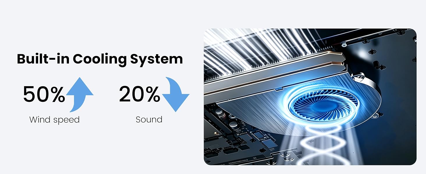 Text reads 'Built-In Cooling System' with '50%' and '20%' indicators. Blue cooling system component illustrated with industrial/technical design aesthetic.