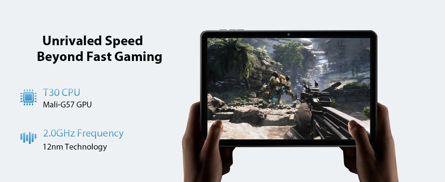 Text reads 'Unrivaled Speed Beyond Fast Gaming', '1.0 CPU', 'Mali-G77 GPU', '2.0 GHz Frequency', '12nm Technology'. Gaming controller held in hands displaying action game on screen.