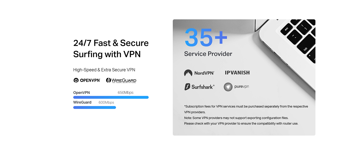 Text reads '24/7 Fast & Reliable Surfing with VPN' and 'Download Protected'. Image shows VPN software interface with download button and connection status indicators on computer screen.