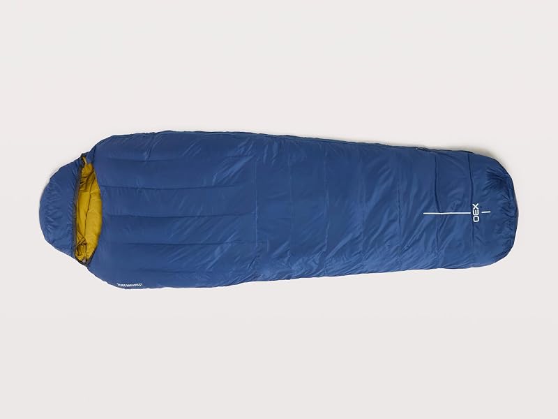 Blue mummy-style sleeping bag with gold-colored collar, tapered foot section, displayed against white background.