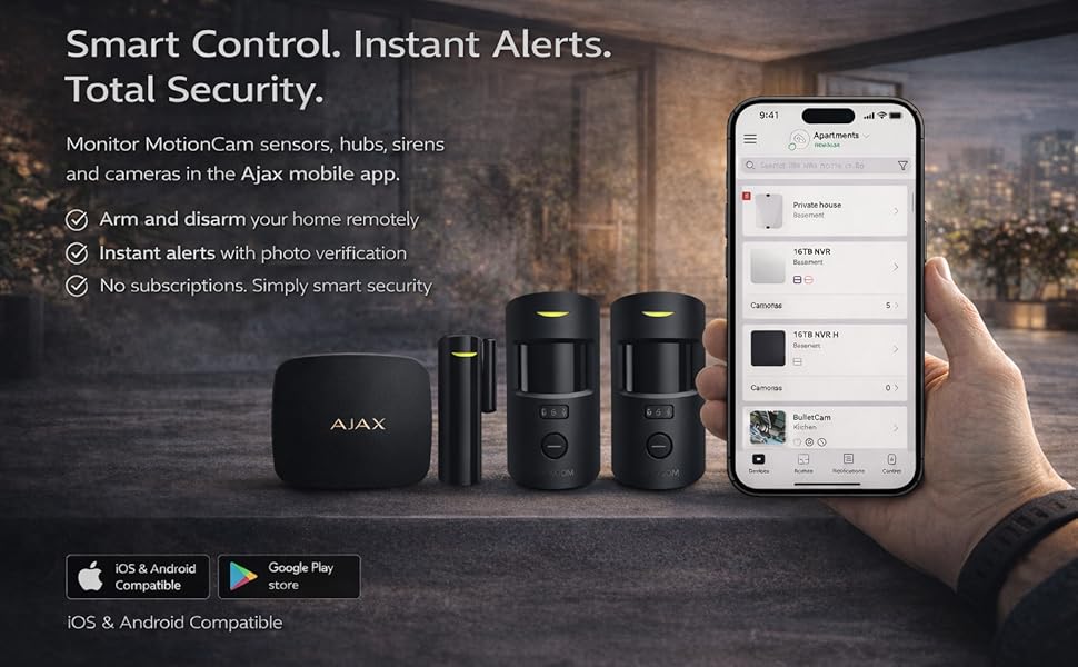 Text reads 'Smart Control. Instant Alerts. Total Security.' Product image showing black security devices alongside smartphone app interface display.