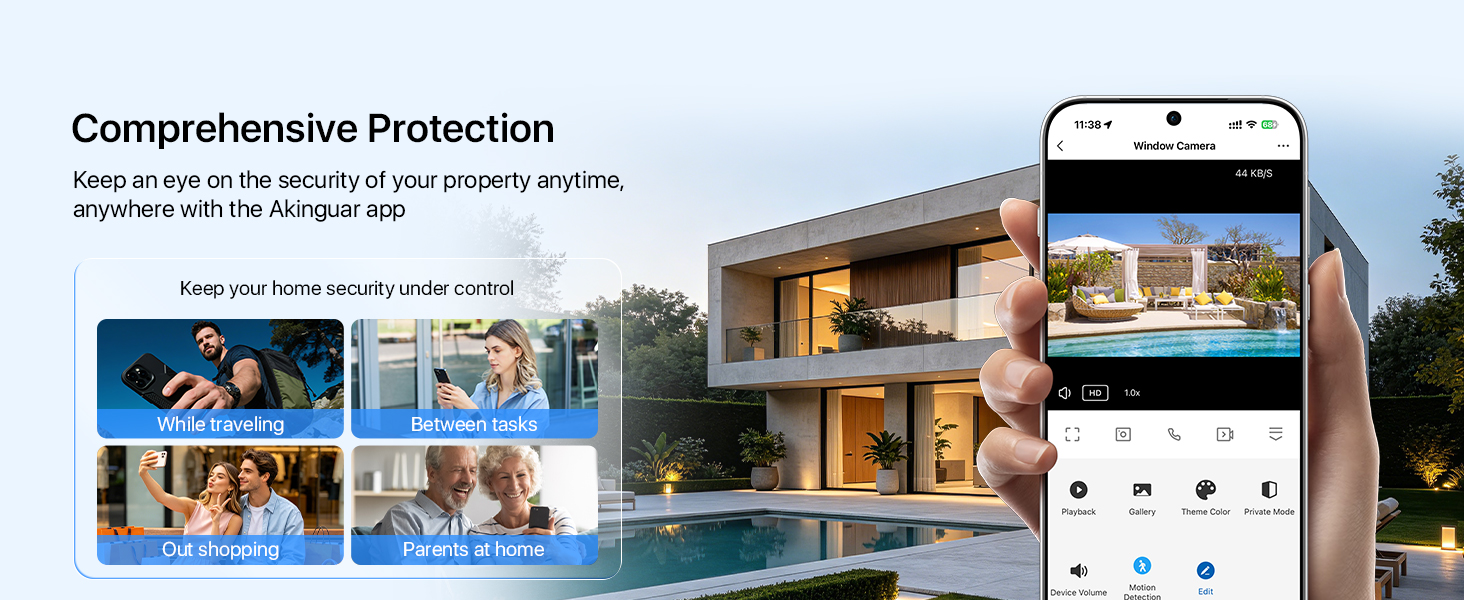 Text reads 'Comprehensive Protection.' Security system interface displayed on smartphone showing home surveillance footage with pool and landscape images, monitoring capabilities shown.