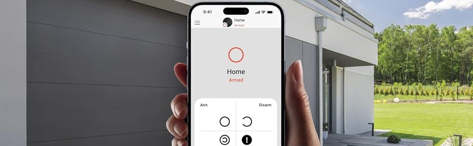 Sequence showing smartphone app interface and outdoor home setting, suggesting smart home control or monitoring functionality