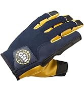 Black fingerless sailing glove with gray palm patch, blue stitching, and blue logo. Features reinforced fingertips and adjustable wrist strap for secure fit.