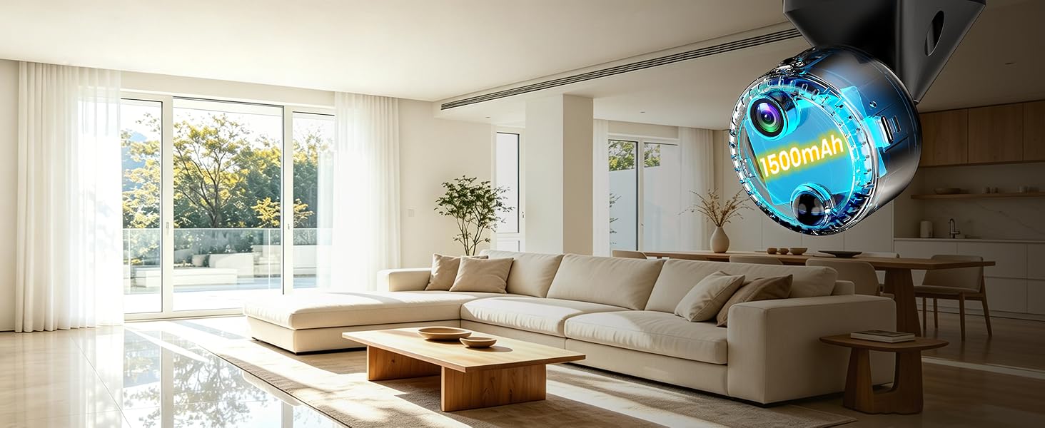 Bright blue illuminated globe suspended above beige modern living room sofa and wooden coffee table near large window, demonstrating interior lighting product placement.