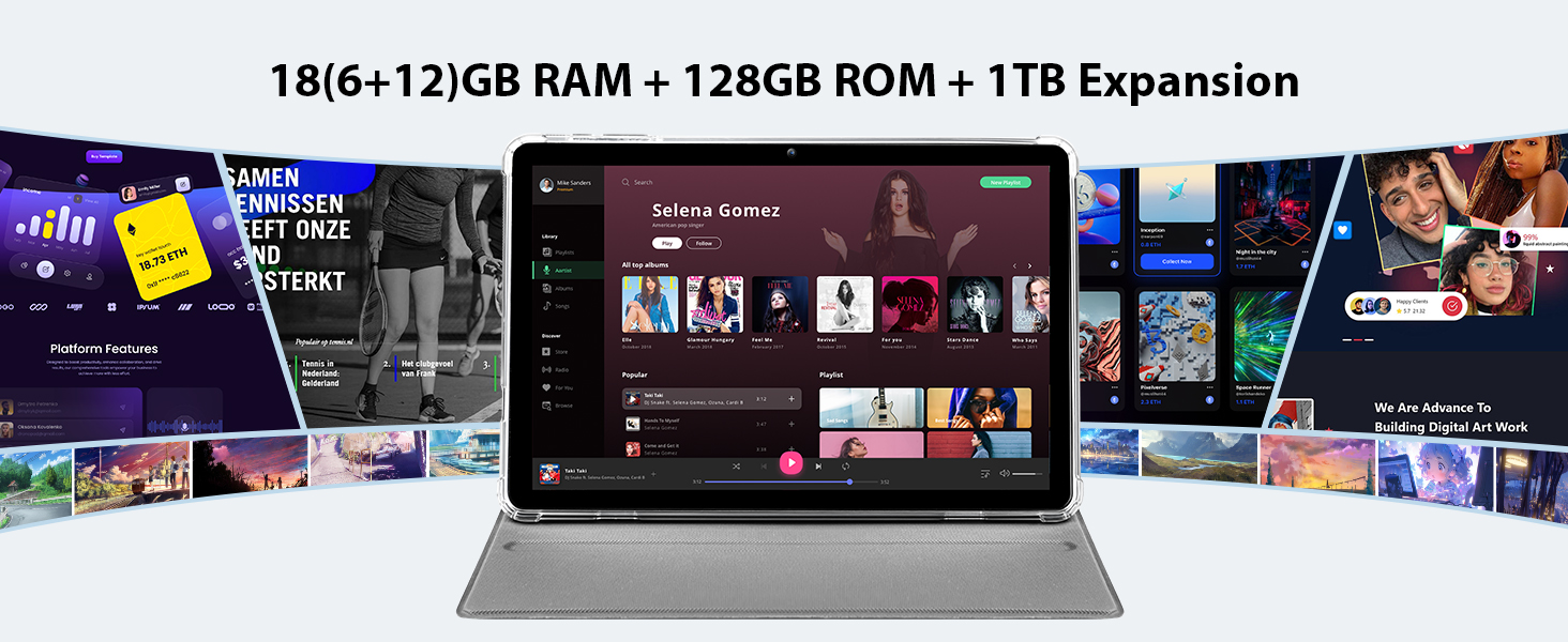 Text reads '18/6+12GB RAM + 128GB ROM + 1TB Expansion'. Laptop computer displayed open showing colorful media interface on screen with various streaming applications visible.