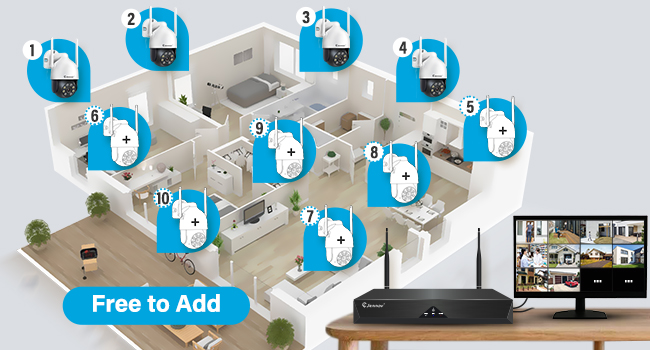 Text reads 'Free to Add'. Interactive floorplan visualization showing multiple blue circular markers with plus icons scattered across a 3D architectural layout of rooms and spaces.