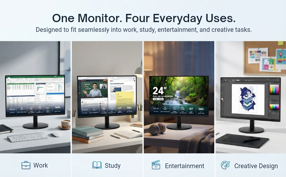 Text reads 'Comfortable Viewing Throughout the Day' with bullet points: 'Comfortable Visual Experience', 'Clear & Sharp Display', 'Reduced Eye Strain', 'Home & Office Ready'. Desktop monitor displaying charts and graphs with person working at desk.
