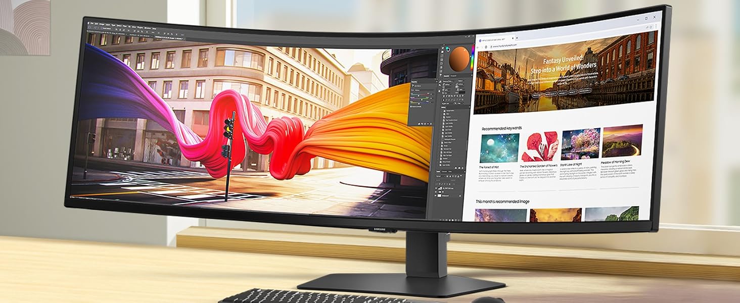 Multiple computer monitors displaying colorful data visualizations or analytics dashboards with graphs and charts against dark backgrounds.