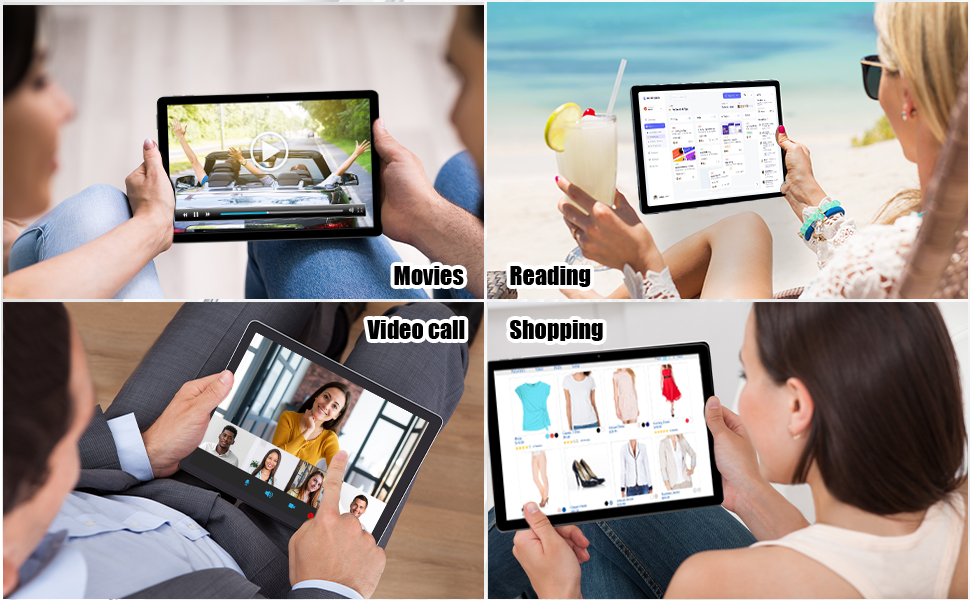 Text reads 'Video Call', 'Reading', 'Shopping'. Four-panel composite showing people using tablets and laptops for video calls, reading content, and shopping activities.